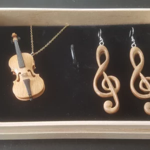 Coffret bijoux en bois musique pendentif et boucles d'oreilles